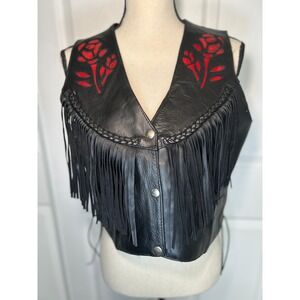 Vintage 90s Black Leather Fringe Cropped Vest Rose Lace Up Size L Biker Western